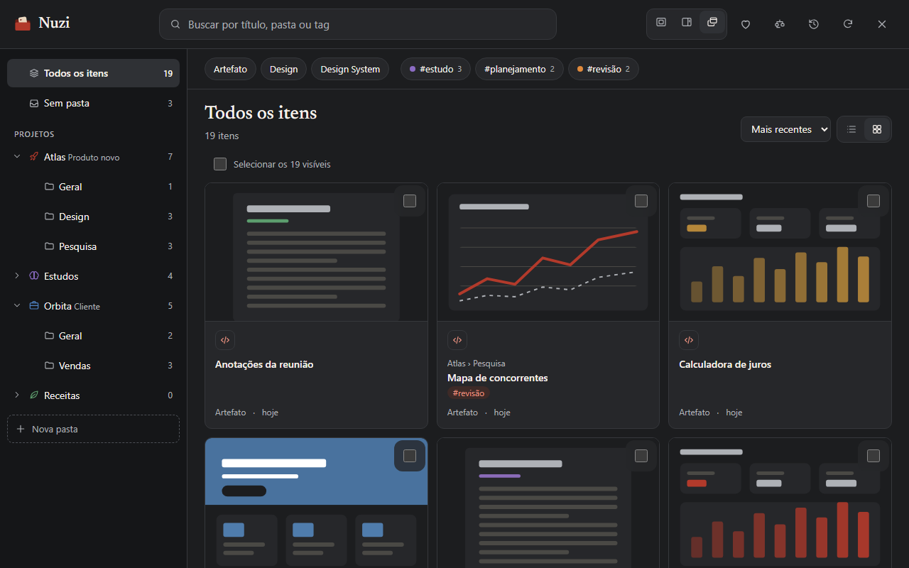Visualização em grade, no tema escuro, com a prévia de cada artefato.
